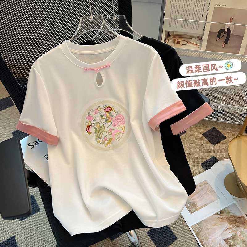 黑色新中式國風短袖t恤女2024新款春夏季設計感小眾內搭打底衫ins