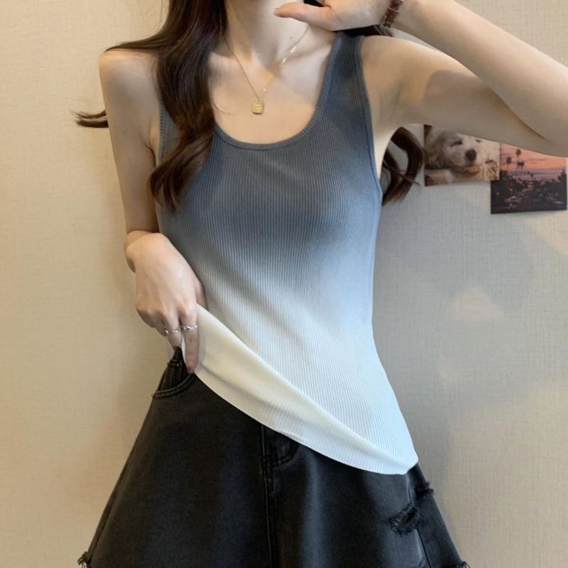 實拍大碼女裝春夏新款設計感內搭吊帶背心無袖漸變色時尚百搭上衣