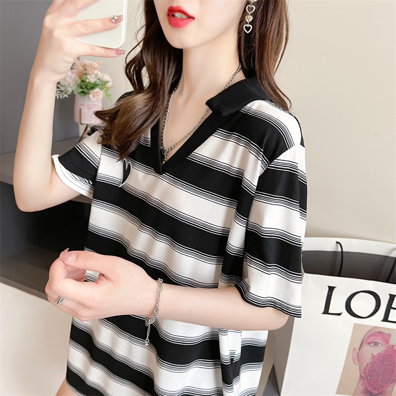 Actual shot of 2024 summer Korean style loose pure cotton back collar love stripe large size short-sleeved T-shirt for women