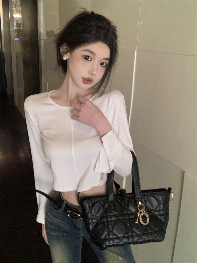 實拍 小心機不規則後背蕾絲拼接短款白色打底衫上衣