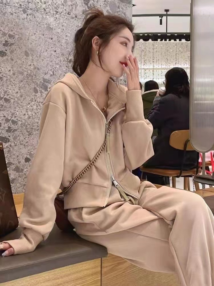 2024春秋新款連帽衛衣套裝女小個子顯瘦拉鏈高級感休閒兩件套