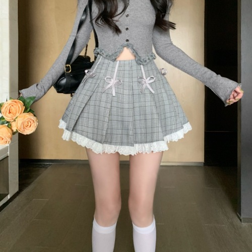 Real shot of sweet and cool plaid bow high-waist skirt pleated skirt lace splicing A-line skirt