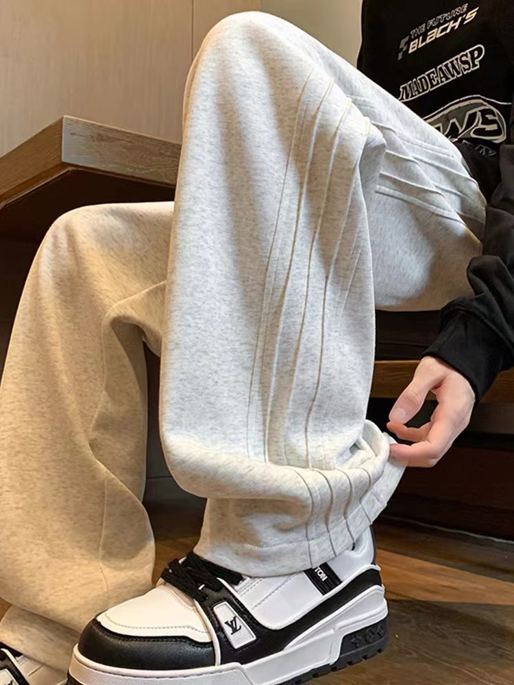 華棉複合 休閒衛褲美式復古灰色闊腿褲子運動長褲