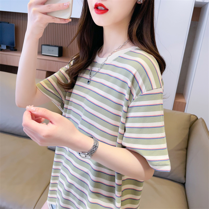 實拍 2024夏裝韓版寬鬆純棉後包領圓領條紋大碼短袖T恤女