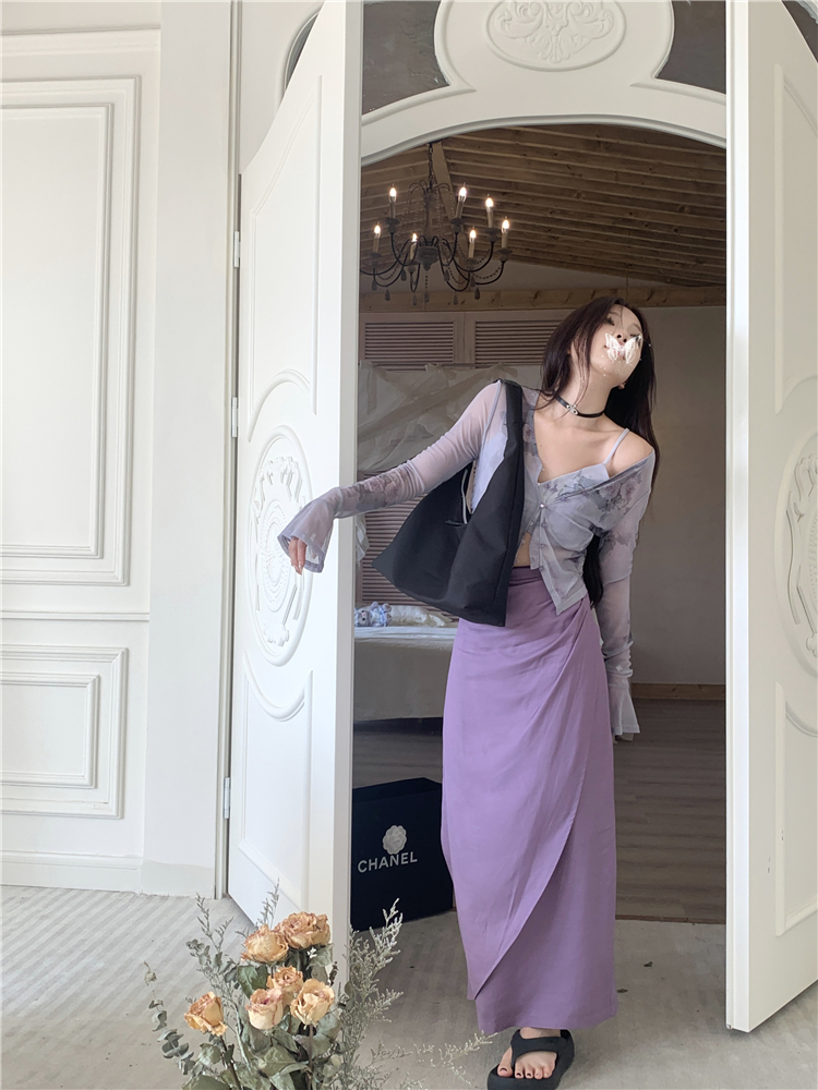 Actual shot ~ Rose smudged sunscreen cardigan for women with bell sleeves thin air-conditioning shirt + purple pleated skirt