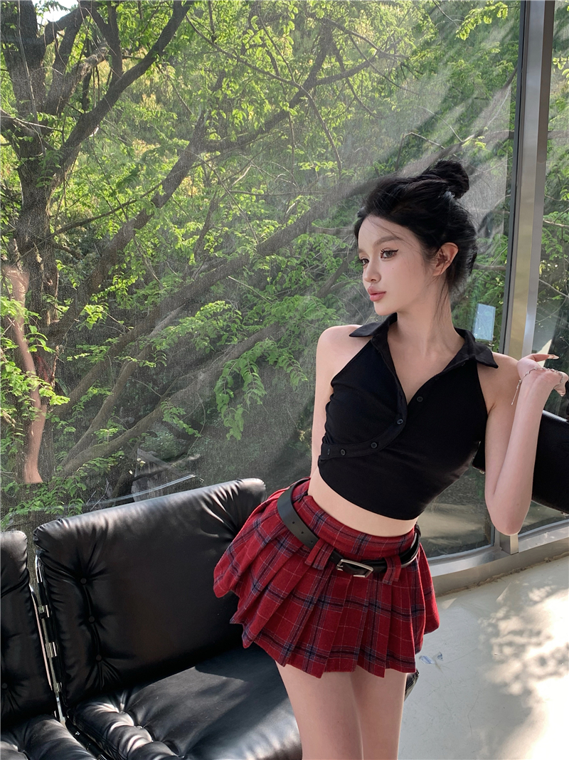 實拍 你的AI女友早美辣妹hot summer復古A字百褶短裙配皮帶