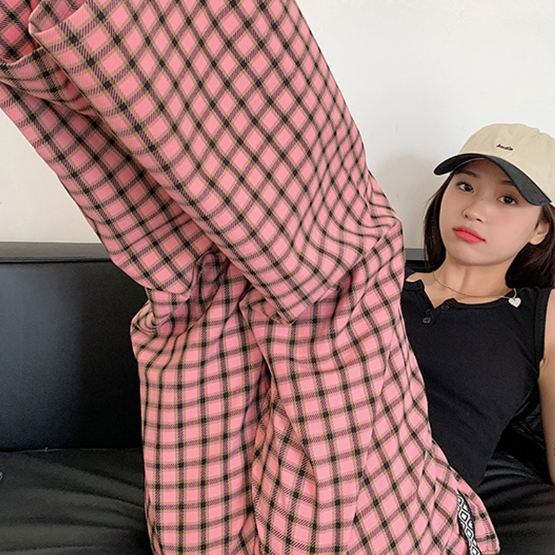 冰絲粉色格子直筒闊腿褲胖妹妹大碼女裝夏季新款寬鬆顯瘦休閒褲子