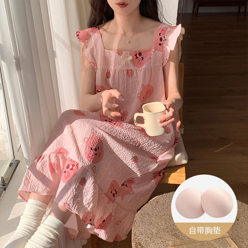 帶胸墊睡衣女夏季2024韓版新款小飛袖睡裙皺布家居服甜美可愛網紅