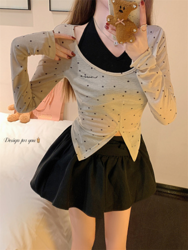 Real shot of Pure Desire Master fake two-piece sweet and spicy slimming short polka dot bottoming shirt with bow skirt