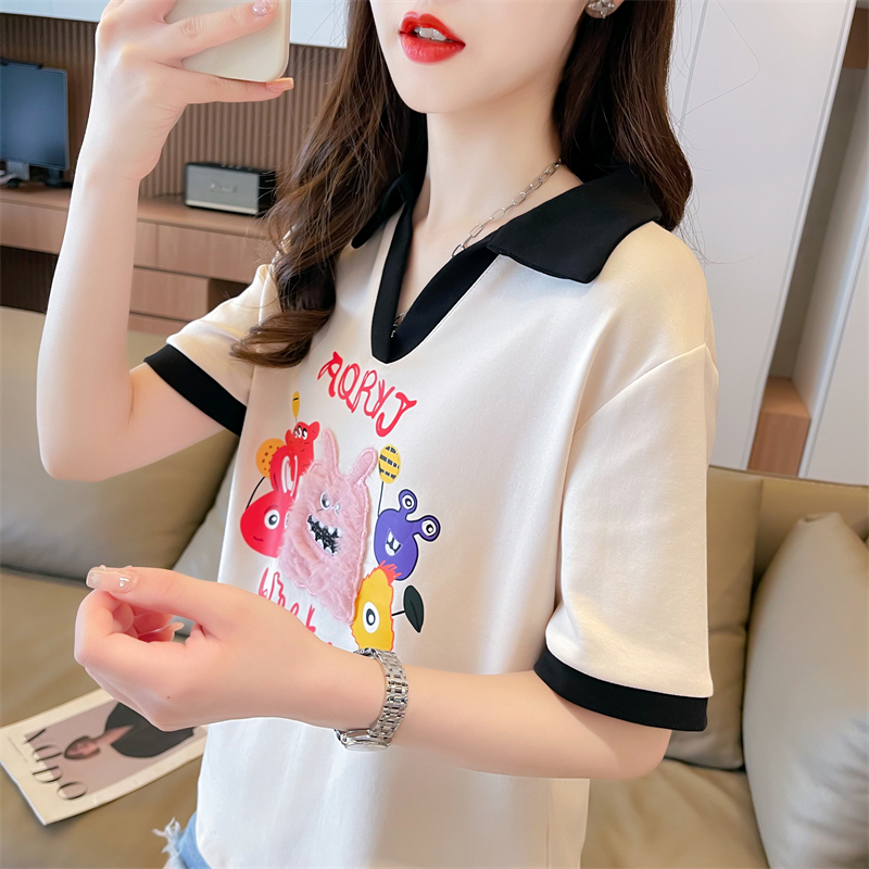 Real shot summer Korean style loose cotton POLO collar color block cartoon embroidery large size short-sleeved T-shirt for women