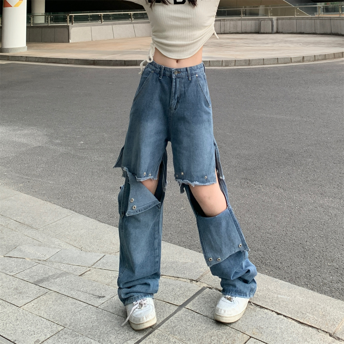 實拍~個性紐扣拼接可調節拆卸闊腿直筒ins兩穿牛仔褲女