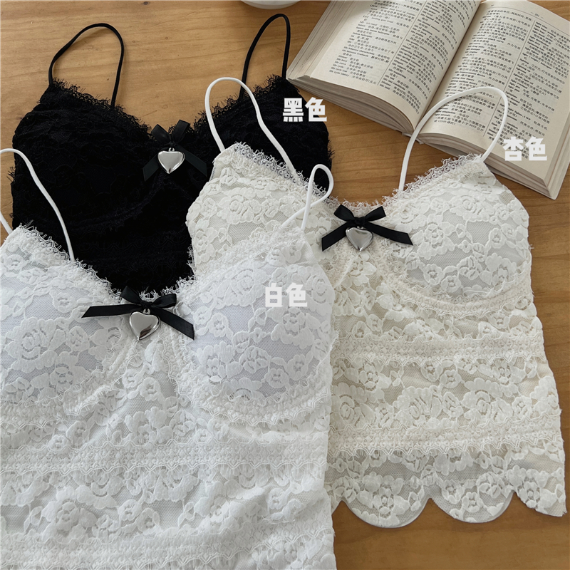 實拍~愛心蕾絲吊帶背心女帶胸墊內搭打底短款上衣女
