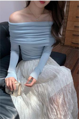 Complete three-label early autumn 2024 new Korean style slim-fitting, gentle temperament off-shoulder one-shoulder top sweater for women
