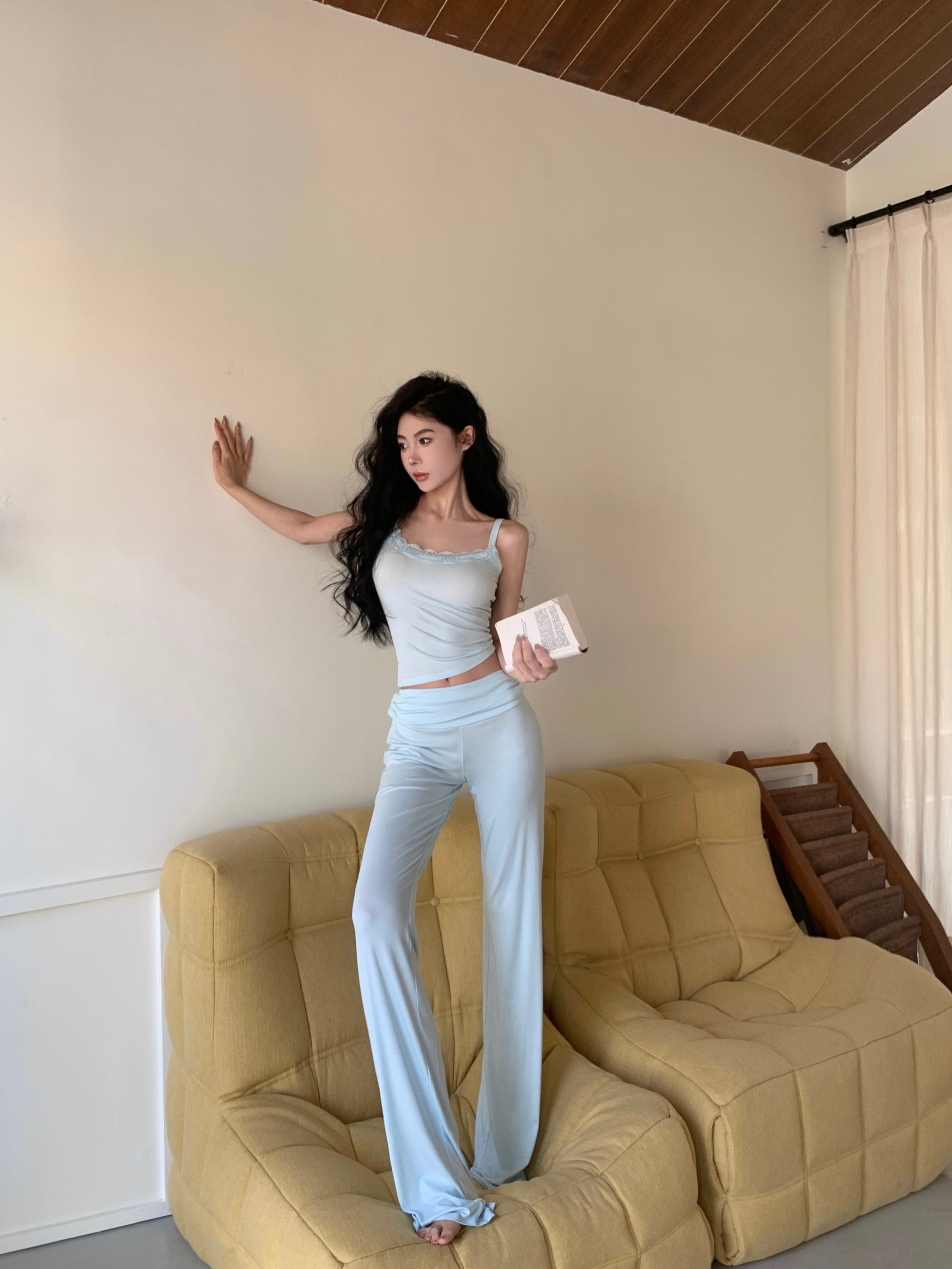 Real shot of comfortable and stretchy lace camisole shorts and high-waisted trousers three-piece set
