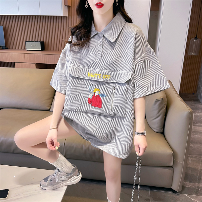實拍 夏季新款韓版寬鬆後包領提花POLO領卡通刺繡大碼短袖T恤女