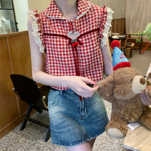 2024 Original Method Summer Korean Style Slim Plaid Cardigan Lace Edge Plaid Vest Short Sleeve Women's Top Trendy