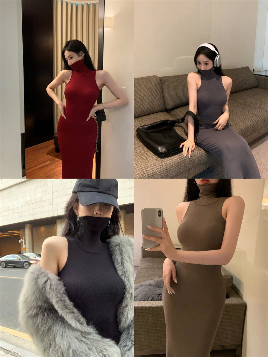 European and American hotties high-neck sleeveless vest dress for women summer hot stepmother long skirt tight sexy hip-hugging skirt