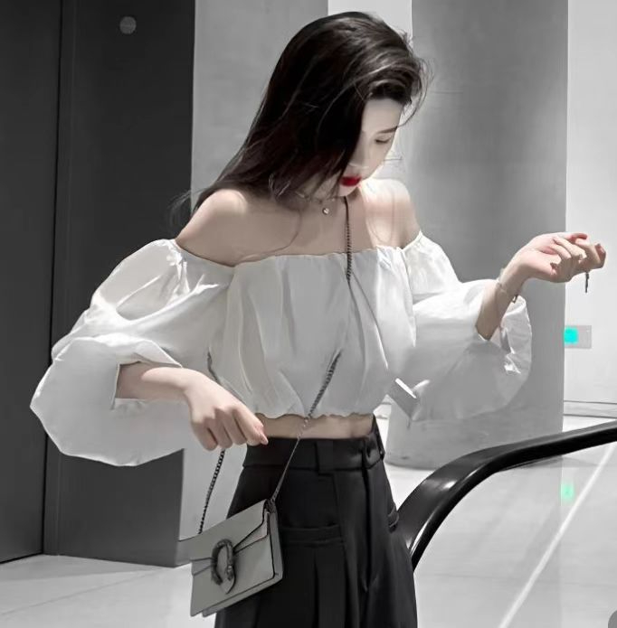 2024 summer short printed chiffon puff sleeve trendy super slim short navel-baring short-sleeved T-shirt for women