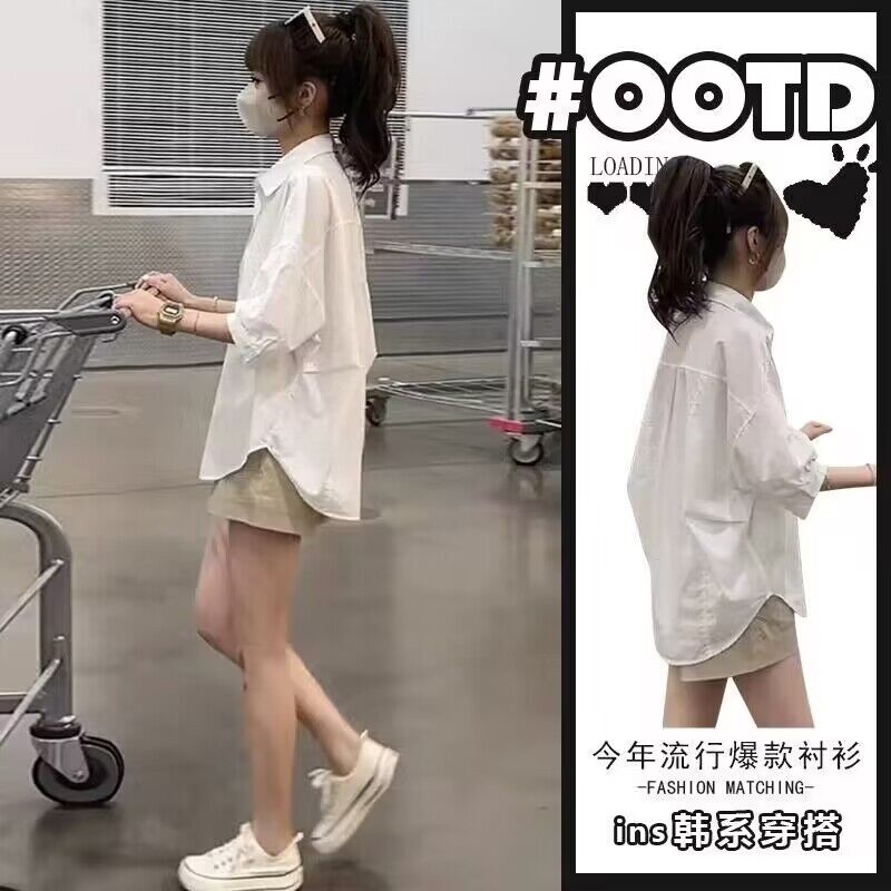 可鹽可甜港風復古chic套裝女夏寬鬆白色襯衫短褲小個子休閒兩件套