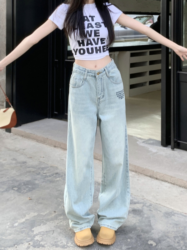 Actual shot of 2024 spring and summer new style letter embroidered straight wide-leg pants high-waist slim floor-length jeans