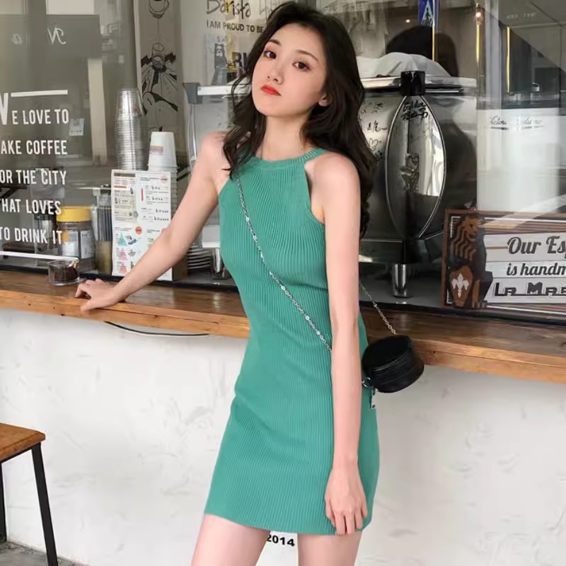 Pure Desire Halter Neck Strap Sexy Dress Women Summer Slim Waist Tight Small Temperament Knitted Hip Short Skirt