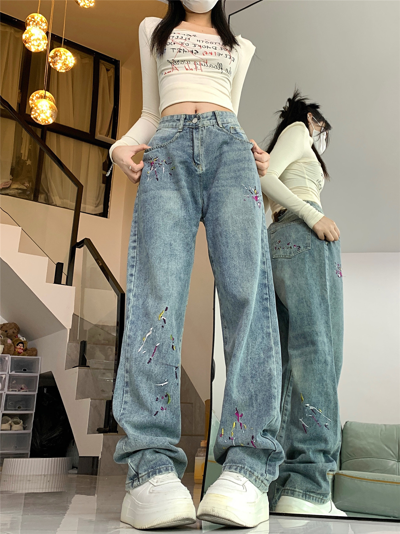 實拍~美式高街小眾胖MM微喇叭高腰顯瘦闊腿牛仔長褲子女