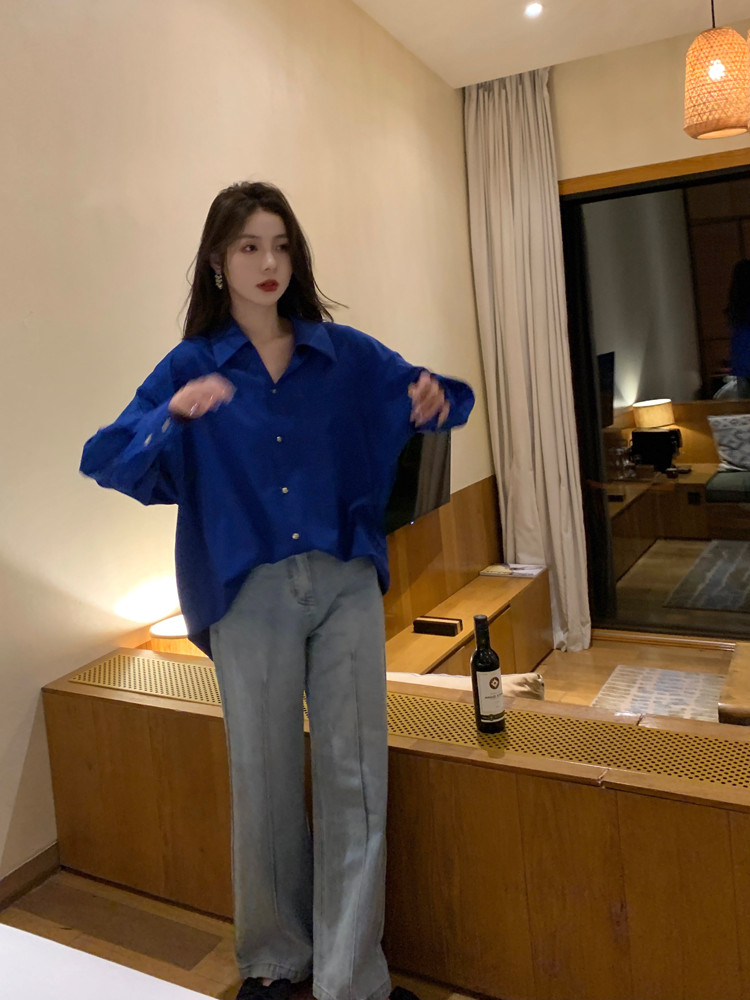 克萊因藍色長袖襯衫女春新款設計感小眾簡約襯衣寬鬆顯瘦長袖上衣