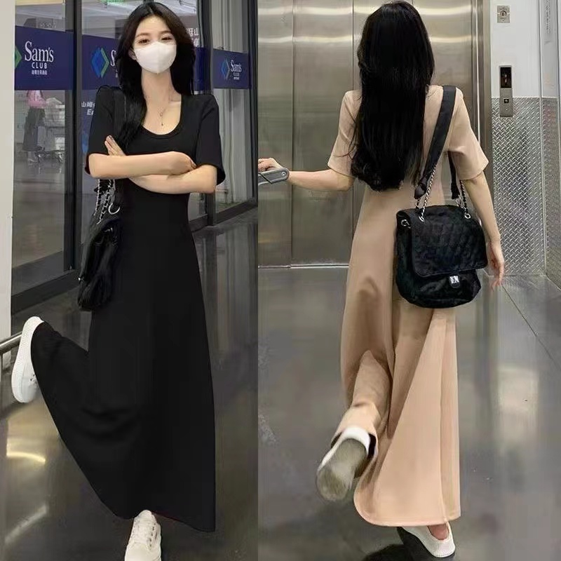 大碼女裝純欲方領御姐風連衣裙女夏季新款顯瘦遮肚裙子胖mm長裙