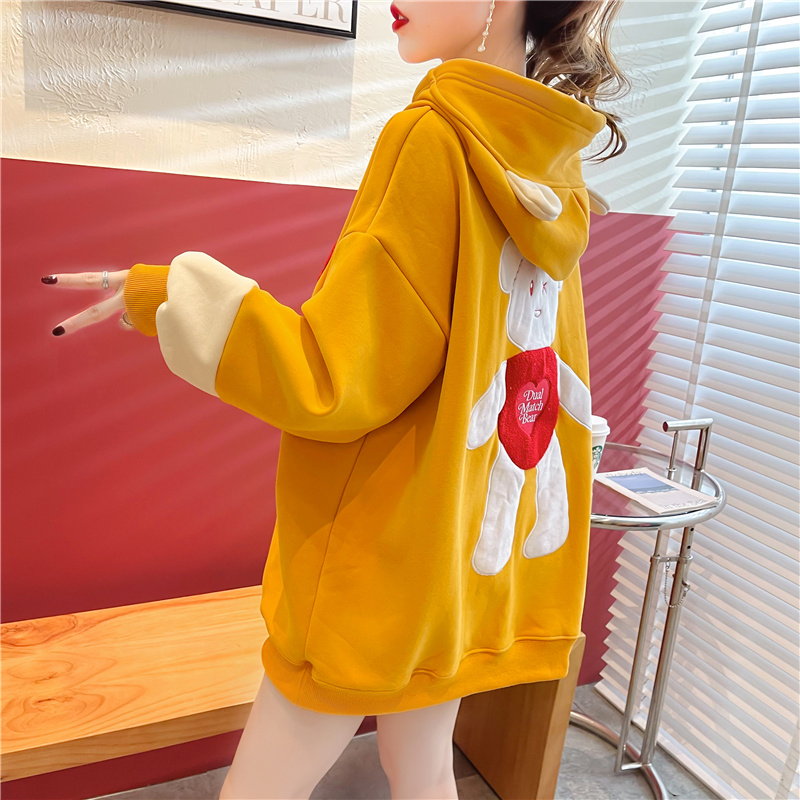 實拍 春季韓版寬鬆連帽卡通刺繡中長款大碼女裝薄款衛衣女