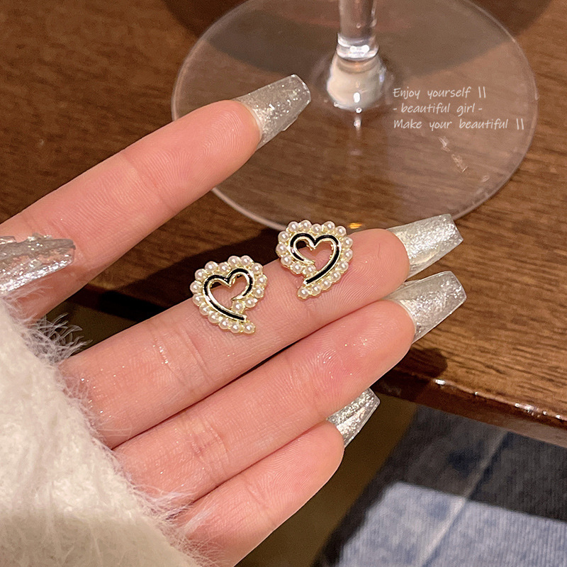 實拍S925銀針獨特設計感愛心耳釘女輕奢小眾絞絲珍珠桃心耳環耳飾