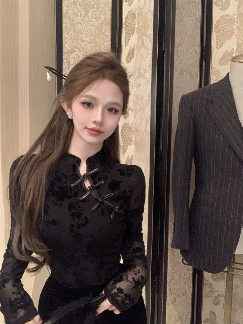 Sexy hollow retro cheongsam stand-up collar button T-shirt new Chinese style shirt long sleeve bottoming shirt spring real shot
