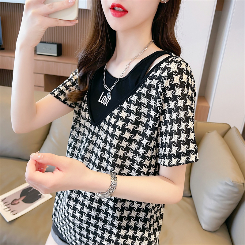 Real shot quality summer Korean version loose fake two-piece striped embroidery large size short-sleeved T-shirt for women