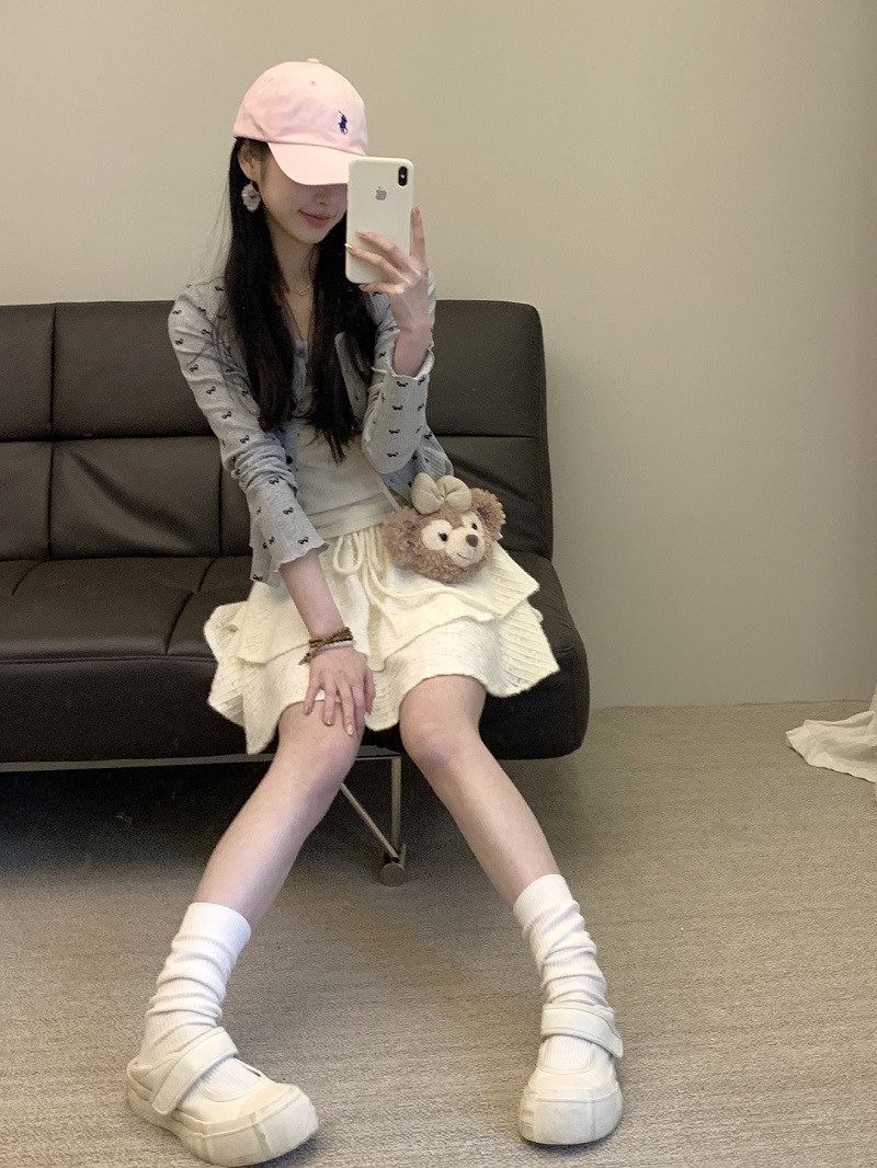 實拍少女感蝴蝶結開衫+奶呼呼奶酪吊帶內搭+提花層層蛋糕半身裙