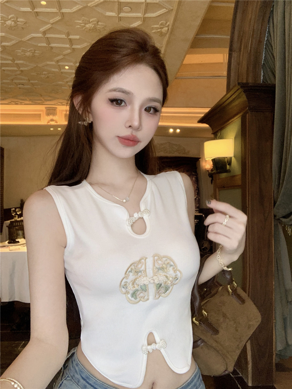 實拍   新中式復古盤扣旗袍背心女純欲辣妹刺繡國風無袖上衣
