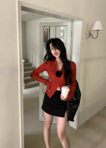 Actual shot ~ woolen double zipper slim cardigan hot girl knitted sweater with brooch and roses