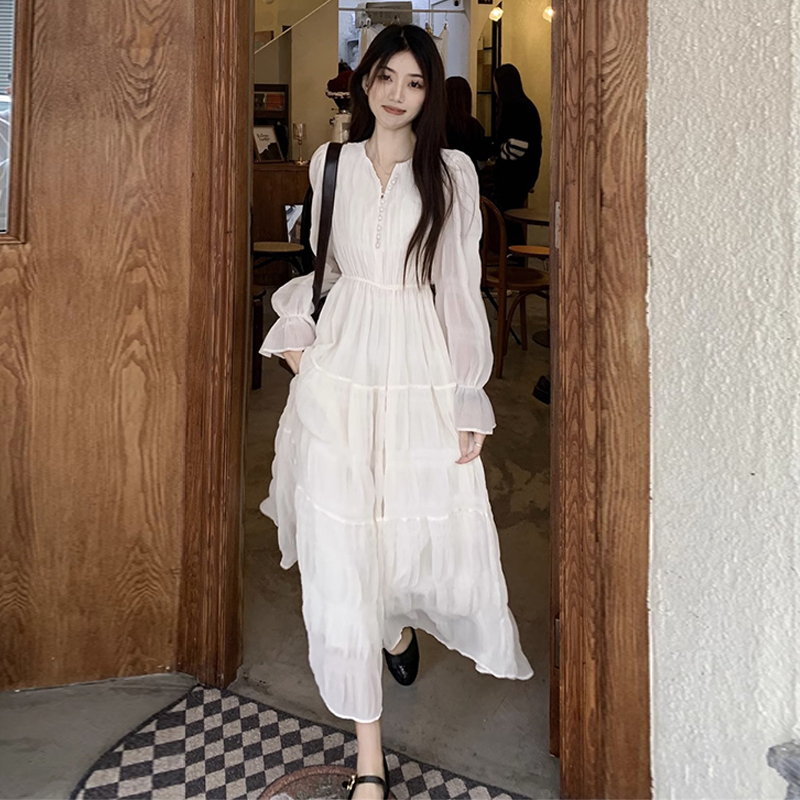 法式溫柔風白色長袖連衣裙子女春春季2024新款設計感小眾仙女長裙