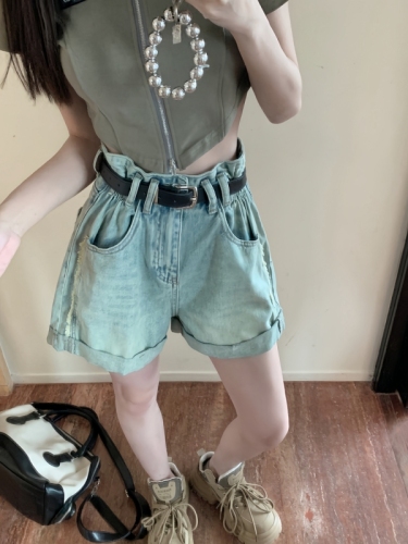 Actual shot#New high-waisted denim shorts for women with design sense of washed A-waist curled shorts