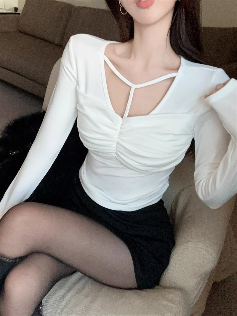 韓系純欲性感顯身材掛脖上衣女春秋美拉德長袖T恤高級感