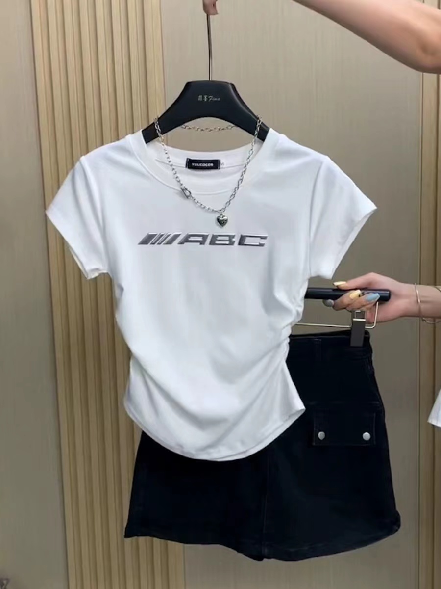 液態金屬印花短袖女2024夏季美式復古紅色正肩甜辣妹短款緊身上衣