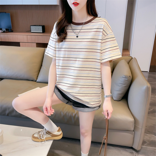 Real shot summer Korean style loose cotton back wrap collar round neck striped cartoon embroidery large size short-sleeved T-shirt for women