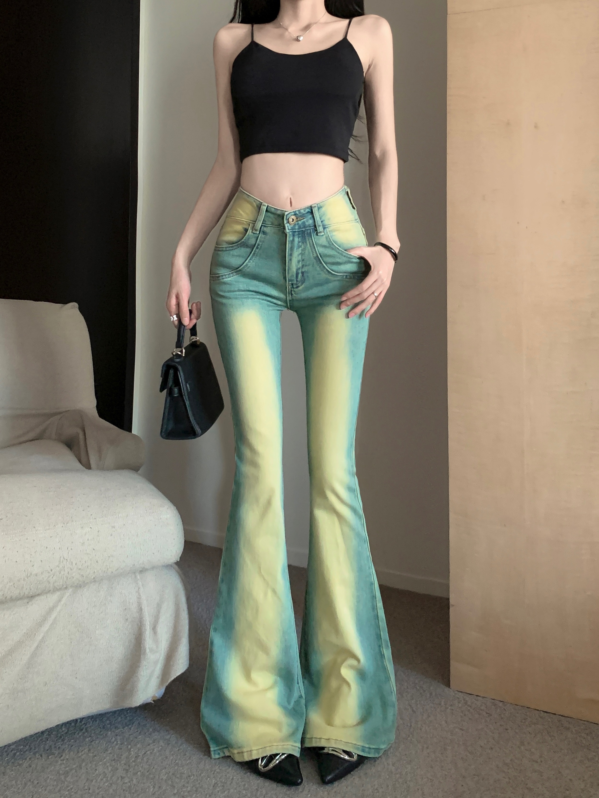 實拍 復古漸變色微喇叭牛仔褲女春夏提臀高腰拖地馬蹄長褲