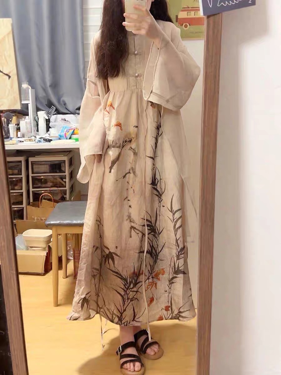 禪意國風新中式連衣裙氣質超仙水墨畫苧麻盤扣改良旗袍裙兩件套裝