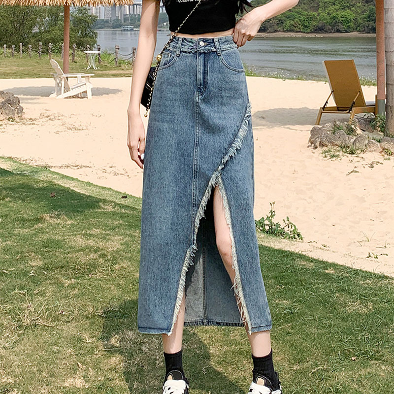 Small high-waist slit skirt women's summer mid-length design niche denim A-line skirt looks slim