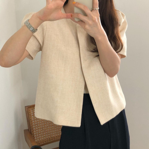 韩国chic 简约气质衬衫女夏季小众圆领宽松两粒扣短袖开衫上衣