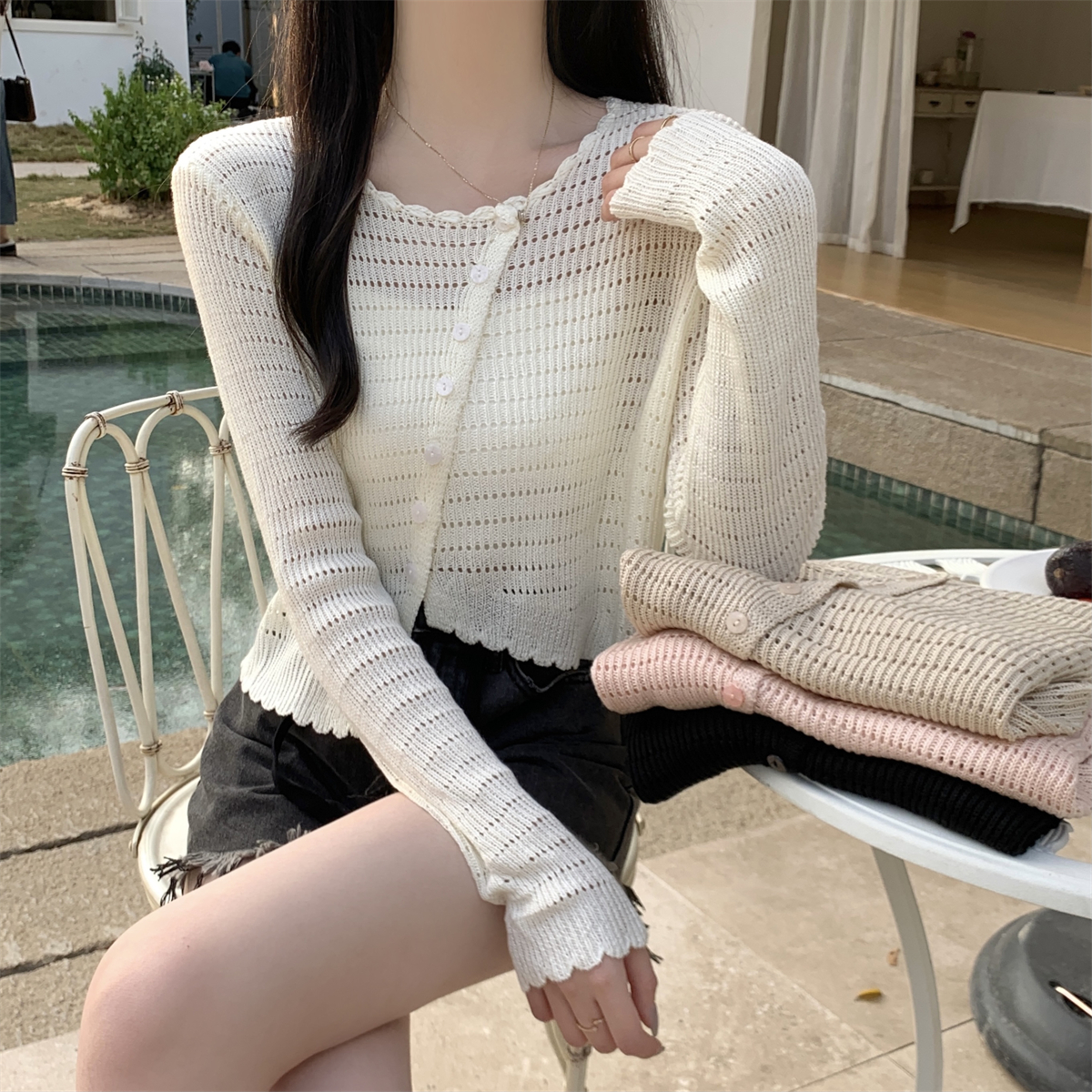 實拍 春季韓版不規則鏤空防曬單排扣開衫針織長袖上衣外搭女