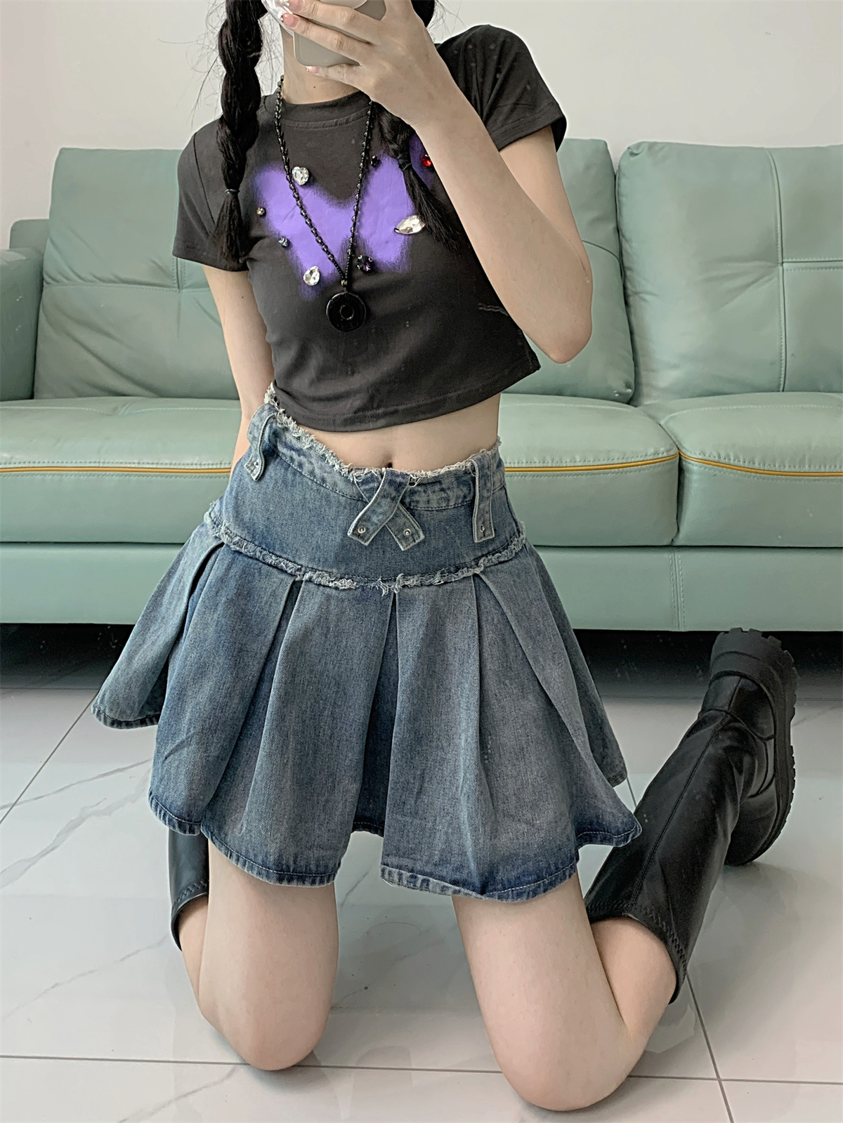 實拍！設計感辣妹牛仔半身百褶裙女學生百搭毛邊高腰a字短裙