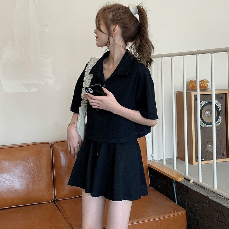 6535 cotton fish scale sports suit for women 2024 new summer style loose and stylish Polo collar shirt shorts two-piece set for women