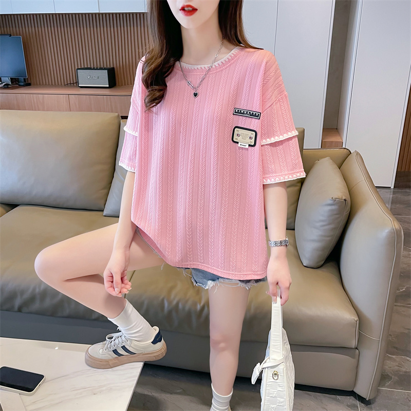 實拍 夏季韓版寬鬆後包領220克泡花貼標拼色大碼短袖T恤女