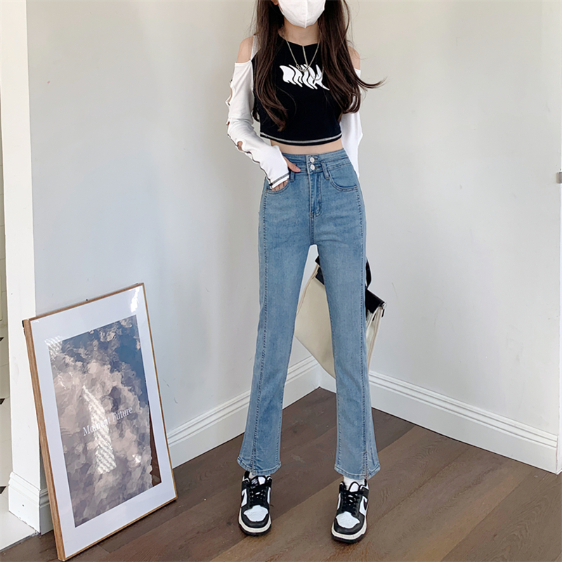 實拍#大碼女裝秋冬新款直筒褲女不顯胯寬黑色彈力開叉牛仔九分褲