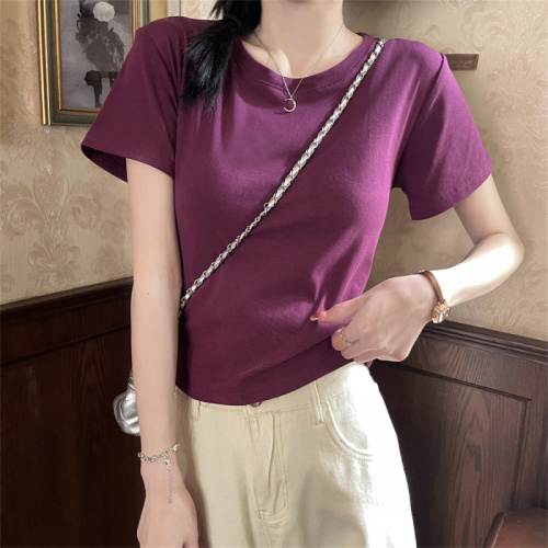 Real shot of right shoulder t-shirt for women summer Korean chic short white short-sleeved slim fit shirt top